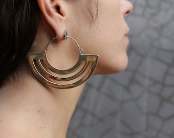 Geometric Earrings, Gold Hoops, Hoop Earrings, Brass Earrings, Boho Jewelry, Statement Earrings, Brass Hoops, Parallel Earrings, Girl's Gift