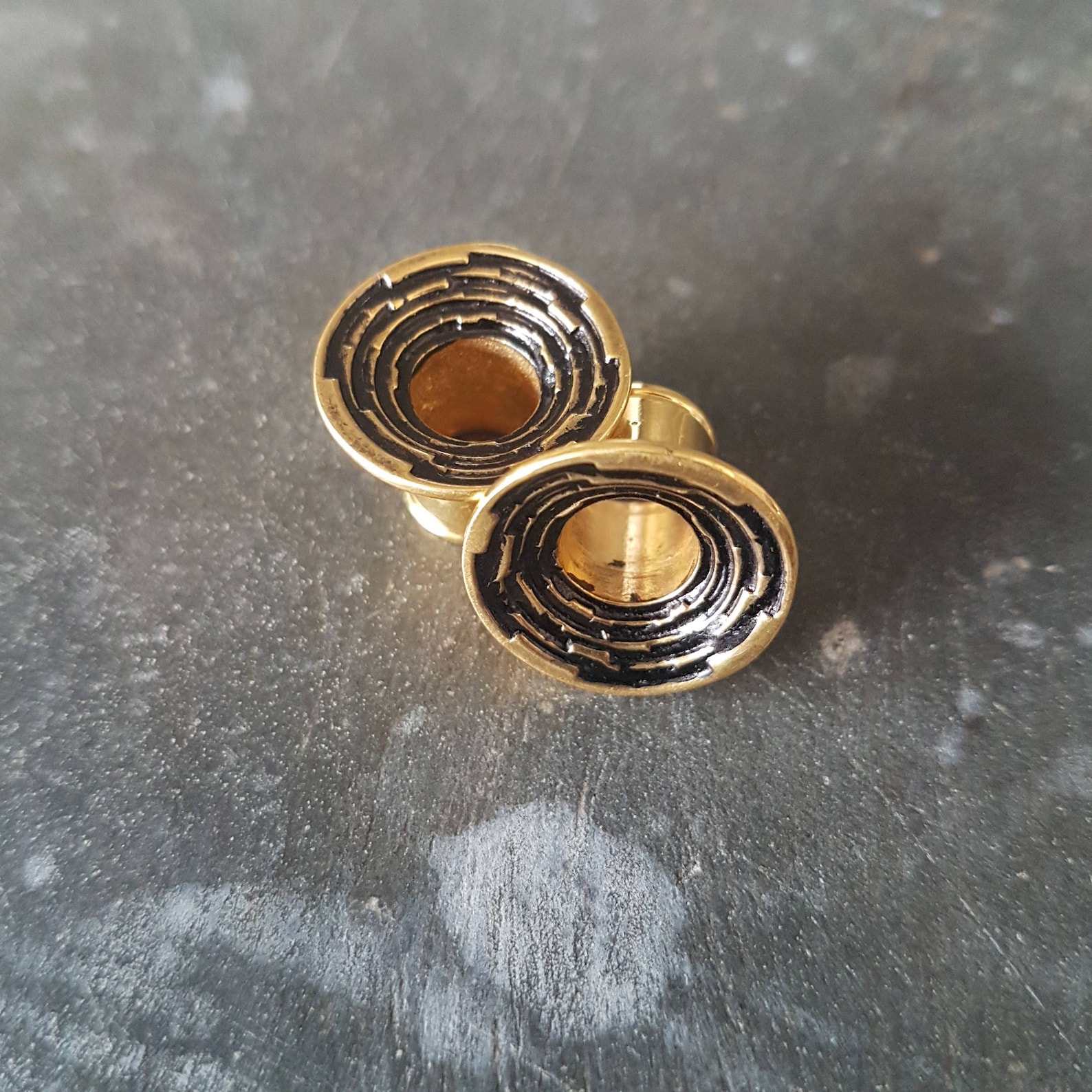 Step Tunnels Plugs Stretched Lobes 22K Gold Plated Tunnels Etsy