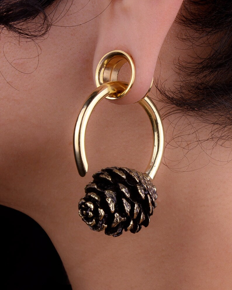 Pine Cone Weights, Gauged Earrings, Ear Weights, Stretched Lobes, Pine Cone Earrings, Brass Ear Weights, Gold Ear Weights, Pine Cone Jewelry image 2