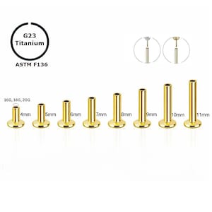 Puede incluir: Una colección de piercings dorados de diferentes tamaños, de 4 mm a 11 mm. La imagen indica que el material es titanio G23, ASTM F136, y los calibres 16G, 18G y 20G. Las medidas están en milímetros.