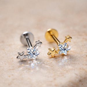 18G/16G Titanium Star Labret Stud Earring • Tragus Earrings • Helix • Cartilage Earrings • Internally Threaded Earrings • Flat Back Earring
