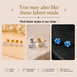 Op de afbeelding: Een collectie labret-studs met vierkant geslepen heldere stenen, stervormige ontwerpen met centrale heldere stenen en blauwe bloemvormige stenen. De tekst luidt: You may also like these labret studs. Find these styles in our shop.