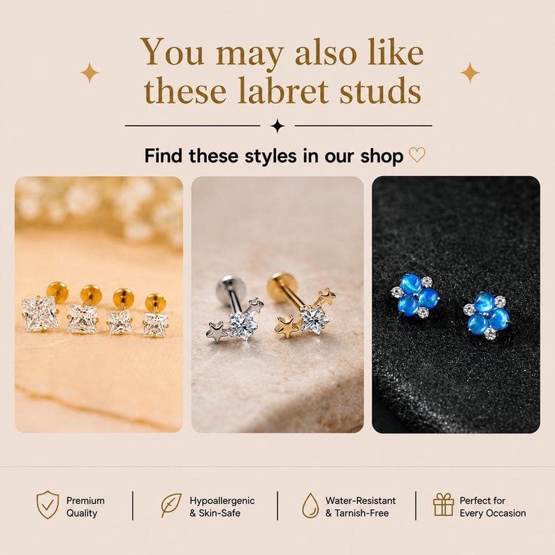 Op de afbeelding: Een collectie labret-studs met vierkant geslepen heldere stenen, stervormige ontwerpen met centrale heldere stenen en blauwe bloemvormige stenen. De tekst luidt: You may also like these labret studs. Find these styles in our shop.