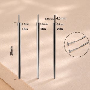 May include: Three silver-toned metal piercing insertion tapers with a total length of 28mm. The tapers are labeled 16G, 18G, and 20G with corresponding diameters of 1.2mm, 1.0mm, and 0.8mm. A circular inset shows the tapers with a 4.5mm long tip.