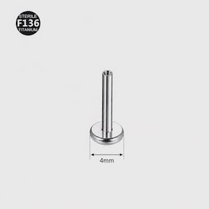 Op de afbeelding: Een zilverkleurige labret-stud met platte achterkant, gemaakt van steriel F136-titanium. De ronde basis van het sieraad heeft een diameter van 4mm. De staaf is cilindervormig met een schroefdraad aan de bovenkant voor lichaams-piercings.