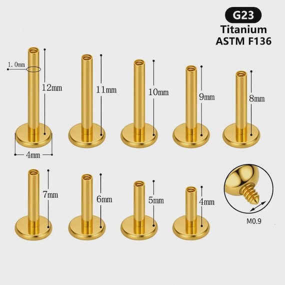 18G/16G, 4/5/6/7/8/9/10/11/12mm Implant F136 Titanium Threaded Replacement Post. Screw Labret Bar, Flat Back Post, Conch/Helix/Cartilage