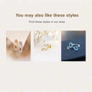 Op de afbeelding: Een collectie sieraden met gouden en zilveren oorringen met heldere stenen, een gouden stervormige oorsteker met heldere stenen en een gebogen staafje met twee blauwe bolvormige uiteinden. Tekst: You may also like these styles.