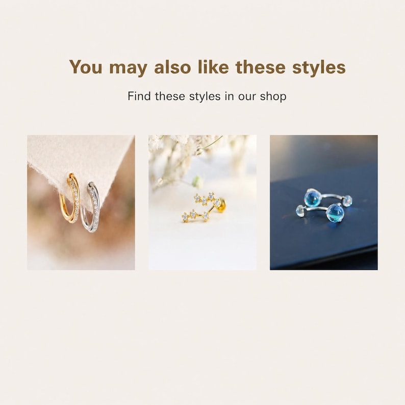 Op de afbeelding: Een collectie sieraden met gouden en zilveren oorringen met heldere stenen, een gouden stervormige oorsteker met heldere stenen en een gebogen staafje met twee blauwe bolvormige uiteinden. Tekst: You may also like these styles.