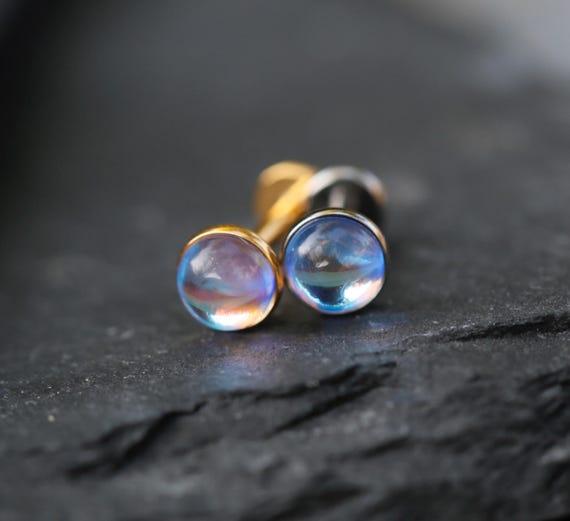 Titanium Moonstone Labret Stud Earring, Push-Pin Flat Back Earring, Tiny Tragus Earring, Forward Helix Earring, Tragus Piercing Stud