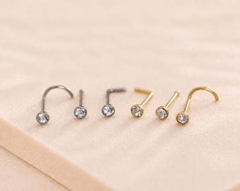 Nasenstecker aus Titan mit kleinem Zirkonia-Stein, längliche/korkenzieherförmige/gerade Form, kleiner Zirkonia-Nasenstecker, Nasenschmuck, Nasenpiercing, Nasenring