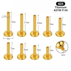 Puede incluir: Tachuelas de joyería corporal de titanio de color dorado en varios tamaños, que van de 4 mm a 12 mm de largo. La imagen incluye un primer plano del diseño atornillable y el texto "G23 Titanium ASTM F136".