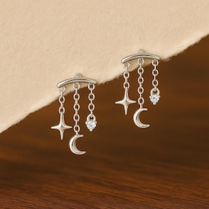 Helix Moon Star Dangle Chain Earring, Helix/Rook/Cartilage/Tragus Dangle Earrings, Massivt Sterling Silver, Platt Baksida Helix Piercingsmycken