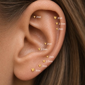 May include: A collection of gold-colored heart-shaped stud earrings arranged along the ear cartilage and lobe. The studs are labeled with their respective sizes: 2mm, 2.5mm, 3mm, and 4mm, indicating the various dimensions of the heart-shaped jewelry pieces.