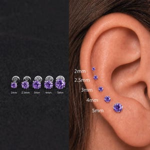 20G/18G/16G Titanium Amethyst Earring • Threadless Flat Back Stud • Tragus Earring • Helix Stud • Cartilage Earring • Conch Stud • Nose Stud