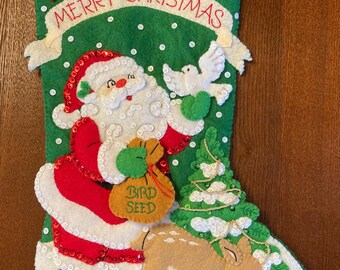 Media de fieltro Bucilla terminada "Fiesta de Navidad" Hecha a mano Totalmente forrada