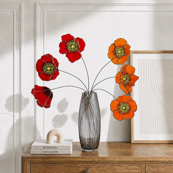 California Poppy Bouquet, Handmade Stained Glass Suncatcher, Anniversary Gift & Birthday Flower Suncatcher Decor, Flat Glass Flower Decor