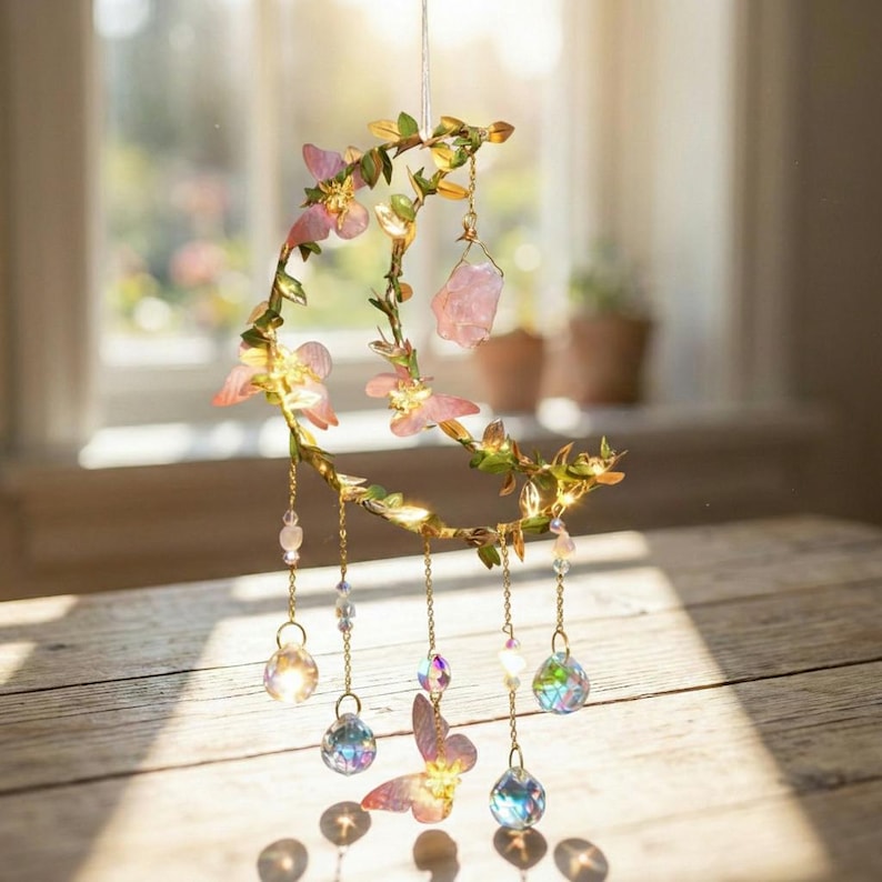 Pink Handcraft Handcraft Celestial Pink Flower Moon Suncatcher – Crystal Prisms ...