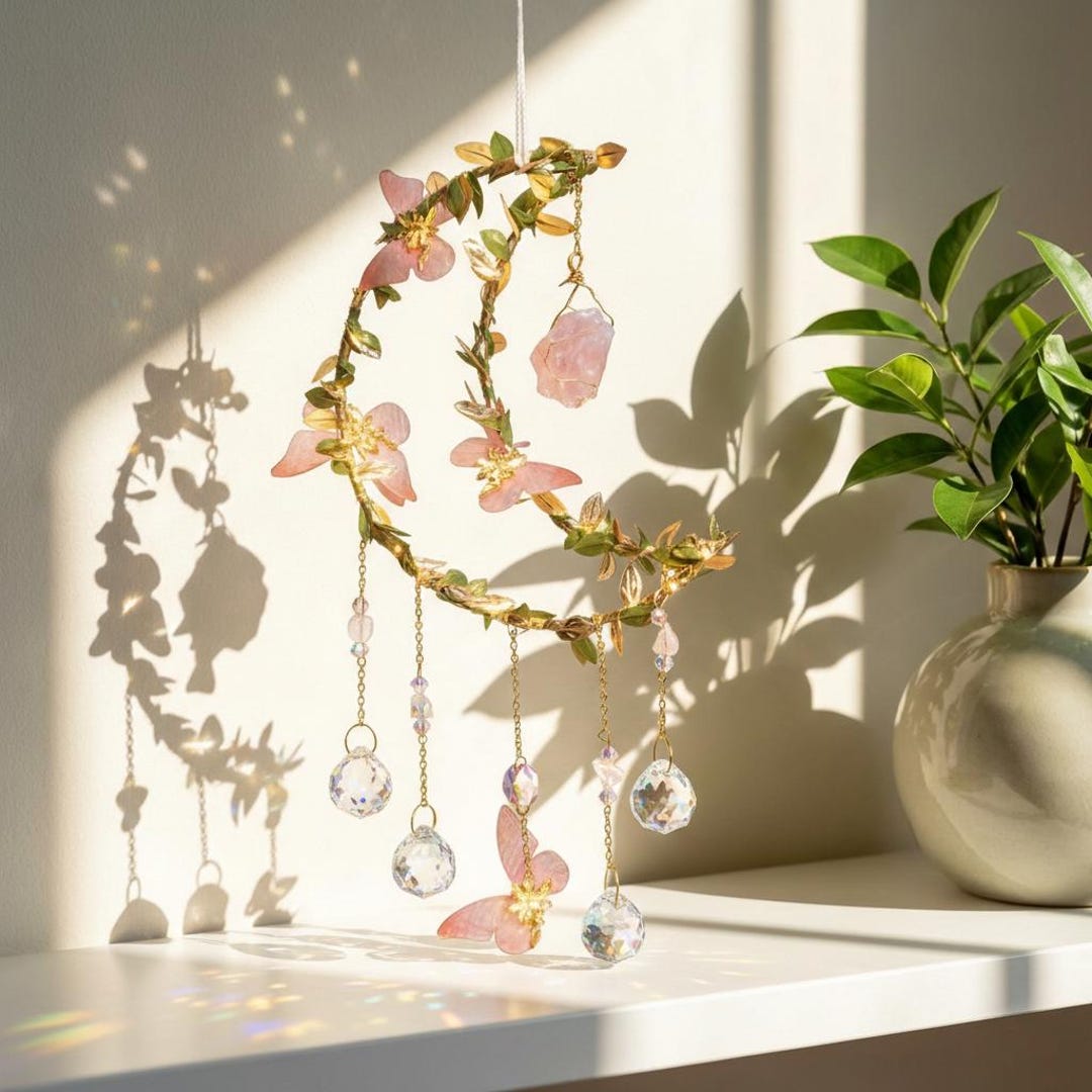 Pink Handcraft Handcraft Celestial Pink Flower Moon Suncatcher – Crystal Prisms ...