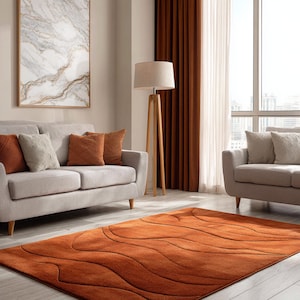 Burnt Orange Wave Rug – Hand Tufted Wool Modern Carpet for Living Room, Bedroom, or Office | Contemporary Textured Area Rug 5x8