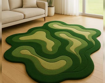 Hand-Tufted Green Wavy Wool Rug: Organic Modern Area Carpet