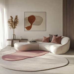 Pink Beige Irregular Rug – Modern Abstract Wool Carpet for Living Room, Bedroom, Aesthetic Soft Minimal Decor, Custom Size Area Rug