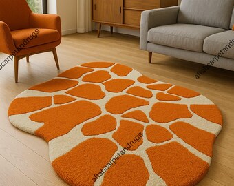 Alfombra de lana con mechones hecha a mano: diseño moderno abstracto de grifo naranja