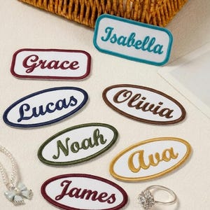 Custom Embroidered Name Patch | Retro Iron On Tag | Sew On Personalized Uniform Badge | Oval & Rectangle Vintage Label