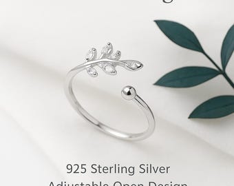 Sterling Silver Leaf Ring | Adjustable CZ Branch Ring