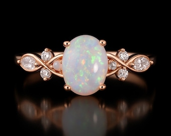 Oval White Opal Ring, Sterling Silver Engagement Ring