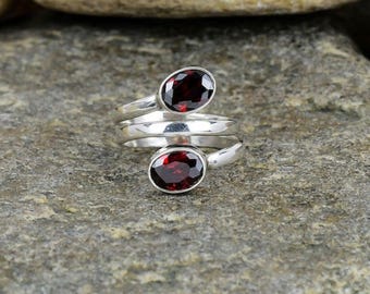 Sterling Silver Double Garnet Ring | Adjustable Boho Wrap Ring