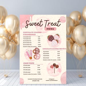 May include: A menu for "Sweet Treat" featuring chocolate-covered strawberries, pretzels, and cake pops. The menu includes prices for various quantities of each item. The menu is decorated with pink watercolor accents and is located in Greeley, Colorado.