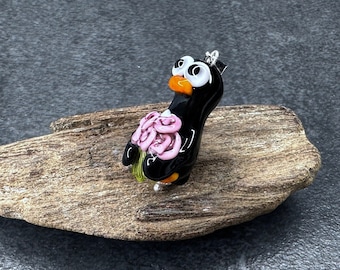 Lampwork Pendant 'Penguin with Flowers', Silver 925
