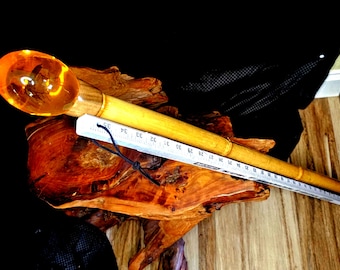 May include: A handcrafted walking stick with a bamboo shaft and a clear, amber-colored orb at the top. The orb appears to contain an insect. A ruler is placed along the shaft, showing measurements in inches.