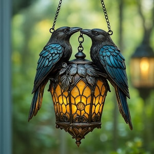 Könnte beinhalten: Eine dekorative Hängelaterne mit warmem Schein. Zwei schwarze Vogelskulpturen mit tealblauen Flügeln sitzen auf der verzierten, bronzefarbenen Laterne. Die Laterne hat ein Buntglasdesign und wird von einer Kette gehalten, was einen skurrilen Akzent im Freien schafft.