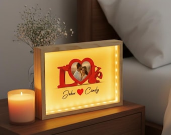 Personalized Love Photo Light Frame, Custom Couple LED Light Box with Names, Romantic Valentine Gift for Him Her