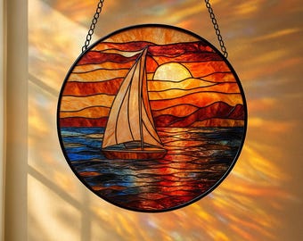 海景ステンドグラス、夕暮れの海の波、波間を航行する帆船 - Etsy 日本