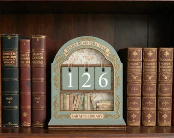 Anpassad namngiven bokräknare med namn, personlig bokspårningsskylt, present till Cottagecore-bokälskare, vintage biblioteksbokhylledekor
