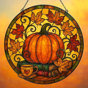 May include: A round stained glass window featuring a large orange pumpkin, fall leaves, and a cup of coffee with a heart. The design includes green and red books, and is framed with a dark border and a hanging chain.