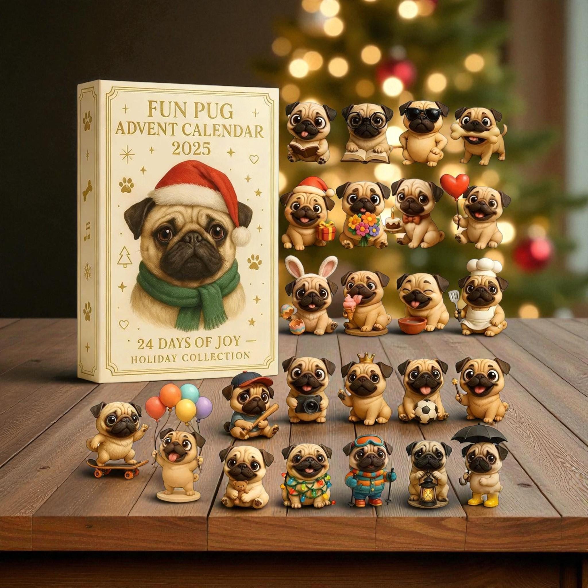 Discover Pug Advent Calendar 2025, 24 Day Dog Lover Countdown Box, Cute Pug Figurines Gift, Christmas Advent Calendar for Pet Lovers, Holiday Decor