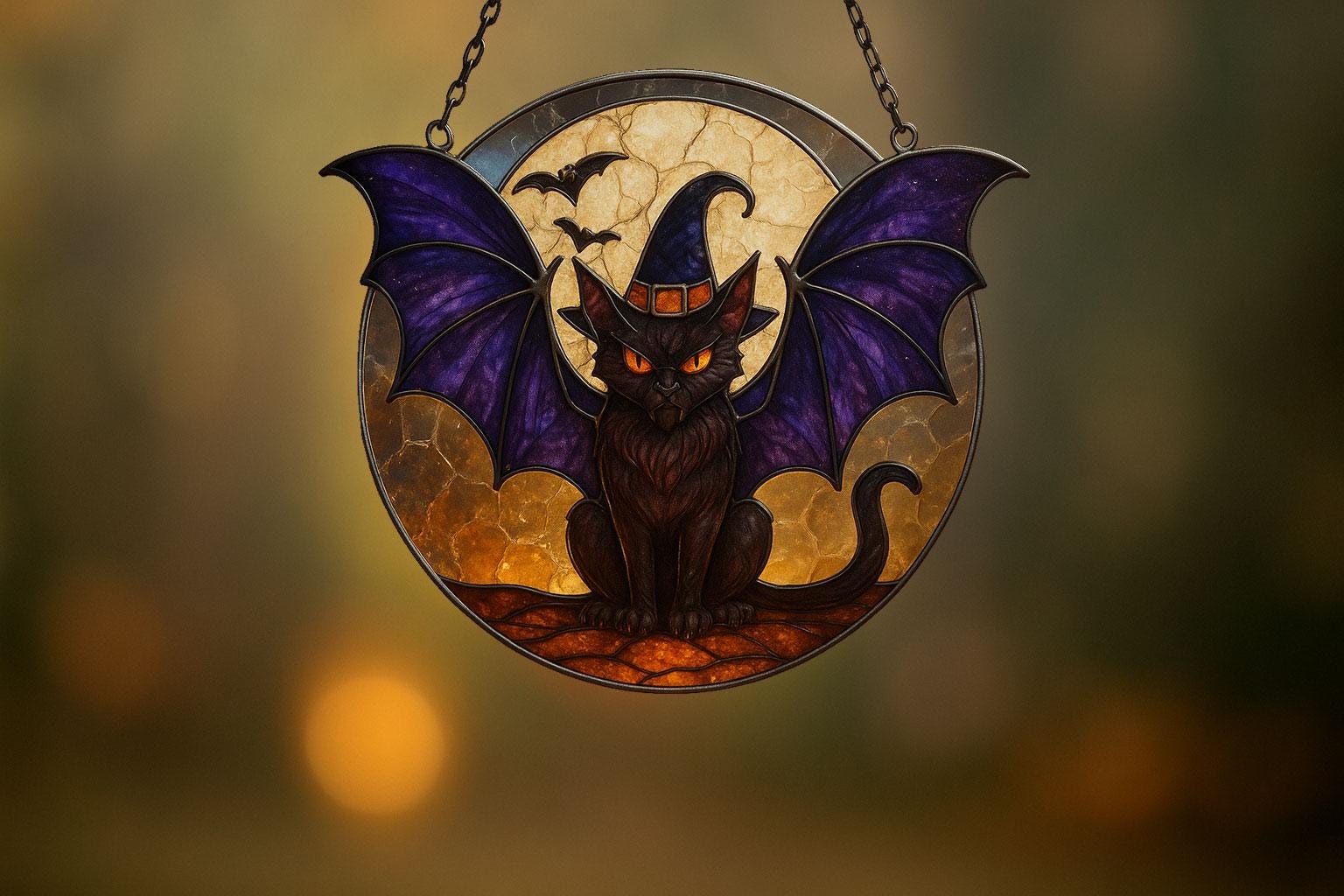 ハロウィン黒猫アクリルサンキャッチャー、コウモリの羽を持つゴシック