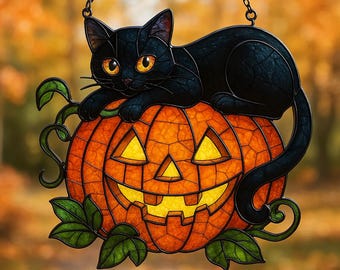 ハロウィン黒猫アクリルサンキャッチャー、コウモリの羽を持つゴシック
