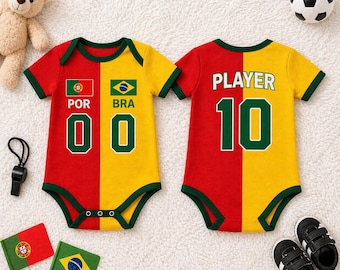 Body de bebé personalizado con media bandera, nombre y número, conjunto de bebé de dos países, camiseta de fútbol personalizada para bebé, ropa infantil con bandera dividida.