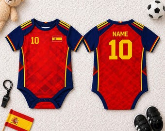 Body de bebé de fútbol de España, conjunto personalizado con nombre y número 10 para bebé, camiseta de fútbol de España para bebé, regalo personalizado para bebé, bebé aficionado al fútbol