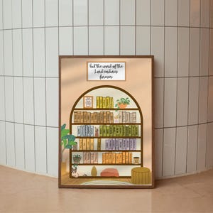 May include: A framed print depicting a bookshelf illustration with the text "but the word of the Lord endures forever." The artwork features a collection of books, plants, and decorative items in a warm, inviting style. The color palette includes beige, brown, and green.