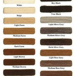 May include: A color chart with 16 wood stain colors. The colors are arranged in two columns, with the left column showing shades of brown and the right column showing shades of gray. The colors are labeled with their names, such as "White", "Beige", "Light Fawn", "Medium Fawn", "Dark Fawn", "Light Brown", "Medium Brown", "Dark Brown", "Bay Black", "True Black", "Light Silver Grey", "Medium Silver Grey", "Dark Silver Grey", "Light Rose Grey", "Medium Rose Grey", and "Dark Rose Grey".