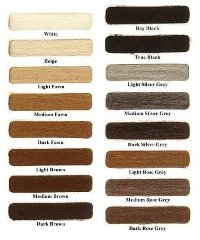May include: A color chart with 16 wood stain colors. The colors are arranged in two columns, with the left column showing shades of brown and the right column showing shades of gray. The colors are labeled with their names, such as "White", "Beige", "Light Fawn", "Medium Fawn", "Dark Fawn", "Light Brown", "Medium Brown", "Dark Brown", "Bay Black", "True Black", "Light Silver Grey", "Medium Silver Grey", "Dark Silver Grey", "Light Rose Grey", "Medium Rose Grey", and "Dark Rose Grey".
