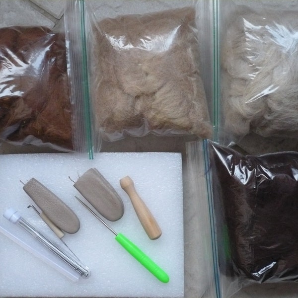 Needle Felting Starter Kit with Raw Alpaca Fleece - Huacaya Fiber Needles Foam Pad
