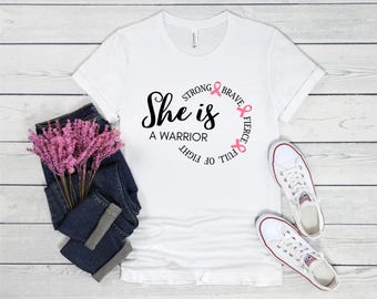 She Is A Warrior Breast Cancer Awareness T-Shirt, Pink Ribbon Tee