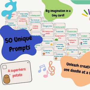 May include: A colorful card set with prompts for creative drawing. The design features a blue blob with "50 Unique Prompts" and an orange blob with "Unleash creativity one doodle at a time!" Text includes "Big imagination in a tiny card!"