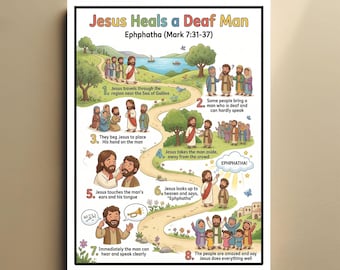 Jesus Heals a Deaf Man Print, Bible Timeline For Kids, Mark 7:31-37 Scripture Infographic Printable, Sunday School Lesson
